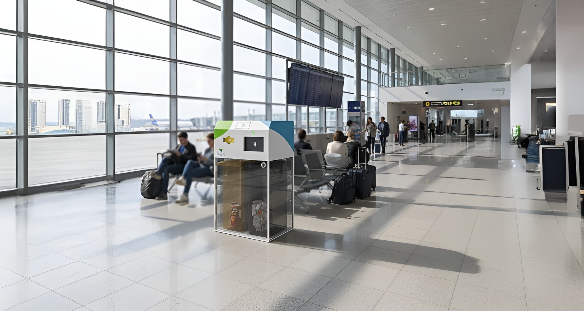 Borne FreyIA installée dans un hall d'aéroport international